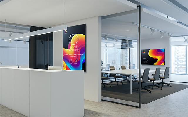 Two wall mounted displays in a reception area and meeting room scenario